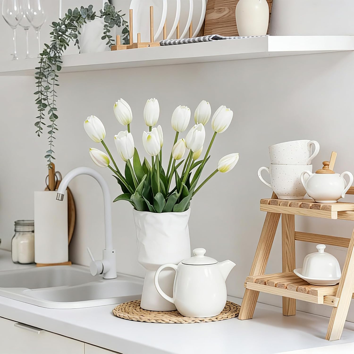 15 Pcs White Artificial Flowers Tulips Latex Plastic Soft Faux Bouquets for Party, Wedding, Home, Room, Garden Decor - Image 7