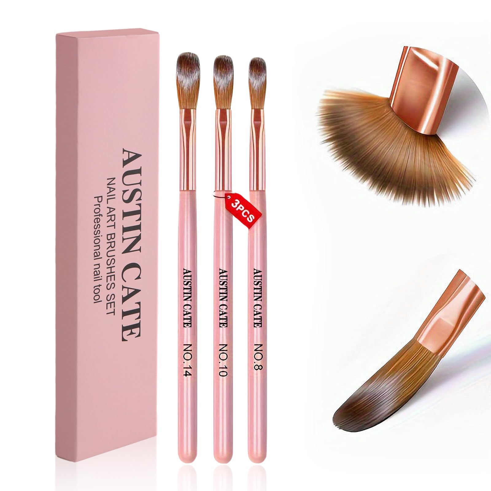 3 Piezas Pinceles para Uñas, Set de Plumas de Arte de Uñas, Brocha Profesional para Uñas de Gel Acrílico, Tamaño 8/10/14 Pincel Plano Kit Manicura Set Pintura