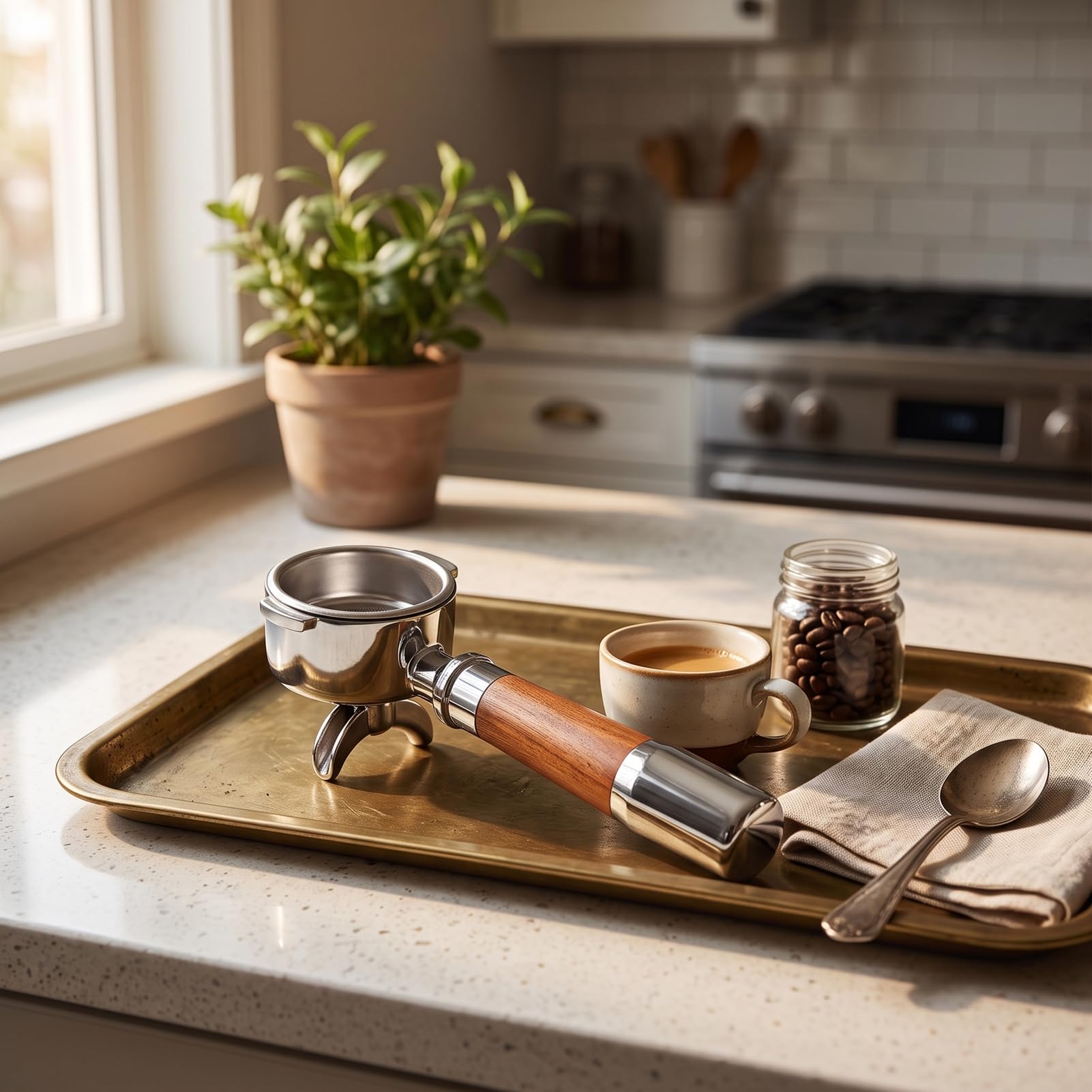 TOPINCN Espressosiebträger 51mm Edelstahl, Walnussgriff, 3 Ohren, für Siebträgermaschinen (Doppelter Auslauf mit Bodens)