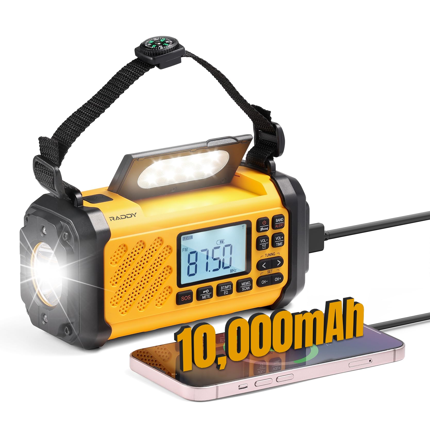 Raddy SH-906 Radio awaryjne, przenośne radio z korbą ręczną na energię słoneczną, AM/FM/SW/VHF, latarka do czytania, SOS, kompas, ładowarka do telefonu
