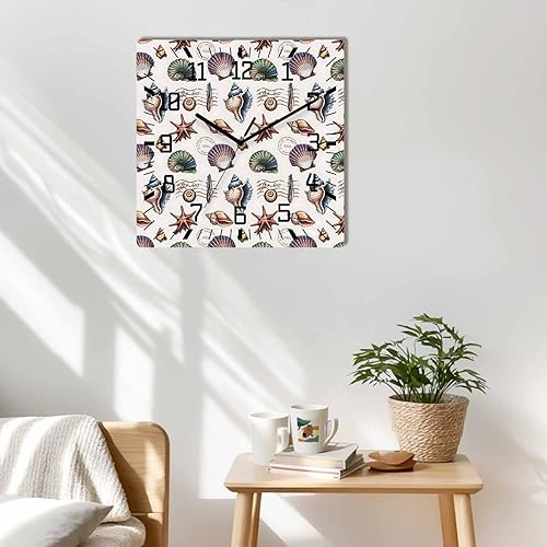 Miniatura 2 de Debedcor Ocean Beach Wooden Wall Clock Silent Non Ticking, Starfish Seashell Conch Black and White Square Wall Clock Battery Operated, Decor Clock