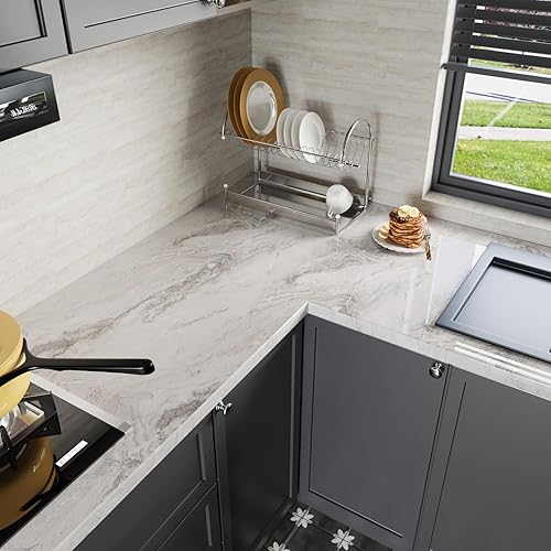 Miniatura 2 de CRE8TIVE Papel de contacto de mármol líquido beige plateado brillante, para encimeras de despegar y pegar, impermeable, autoadhesivo, extraíble,