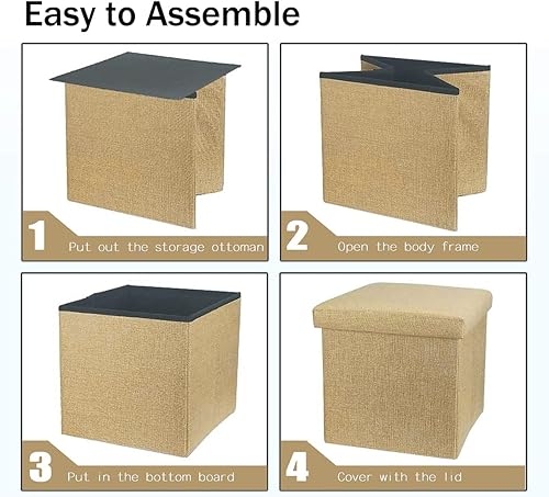 Miniatura 6 de ZLY Taburete plegable otomano de almacenamiento de tela de poliéster lino reposapiés asiento colección desorden 14 x 8 pulgadas Beige,Gris-oscuro