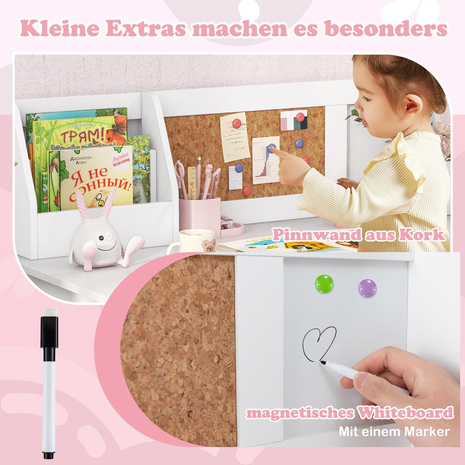 FANTASK Kinderschreibtisch Set, Schreibtisch Kinder mit Stuhl aus Holz, Schülerschreibtisch mit Bücherregal, Schrank & Pinnwand, Jugendschreibtisch für Kinder ab 3 Jahren, Weiß