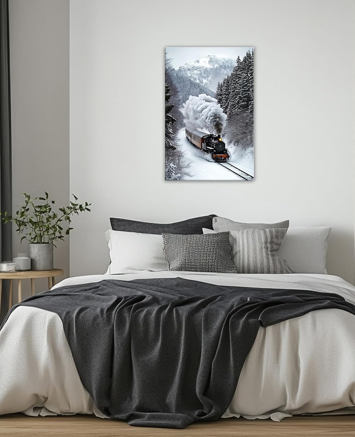 Winter Train Wall Art Snowy Landscape Canvas Print Forest Railway Painting Poster Framed Artwork for Rustic Homes Decoration Ready to Hang(Snow-2,16"x20")