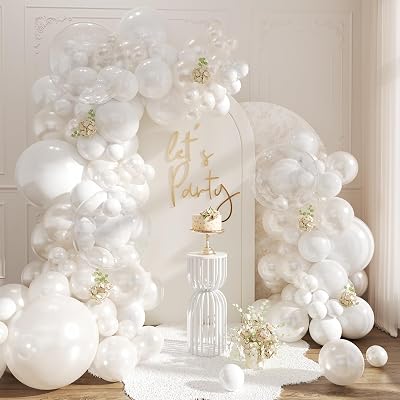 Pearl White Balloon Arch Kit, Double Stuffed White Balloons | White Clear Balloon Garland Kit for…