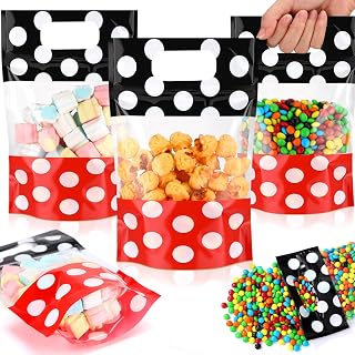 Sweetude 50 Pcs Black and Red Dots Gift Bags Double-sided Print Plastic Bags with Handles Resealable Theme Sealed Pouch for Birthday Baby Shower Candy Gift Wrapping Supplies Decor (Black and Red Dots)