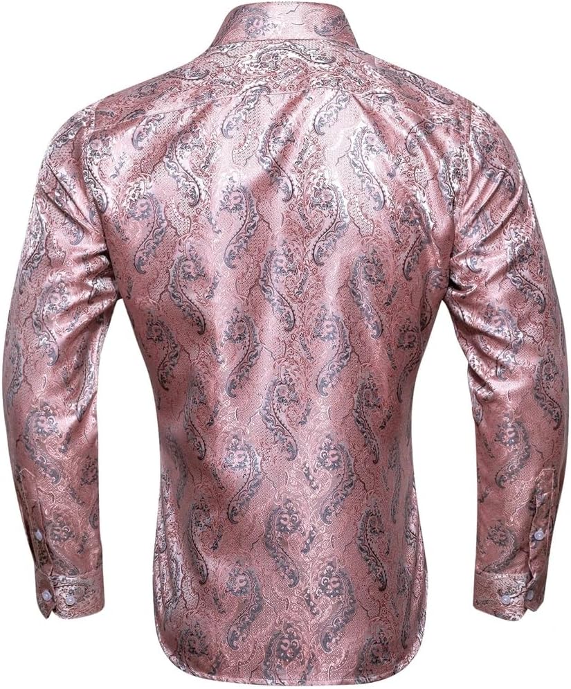 Silk Shirts for Men Floral Turn-Down Collar Long Sleeve Embroidered Casual Fit Party Wedding