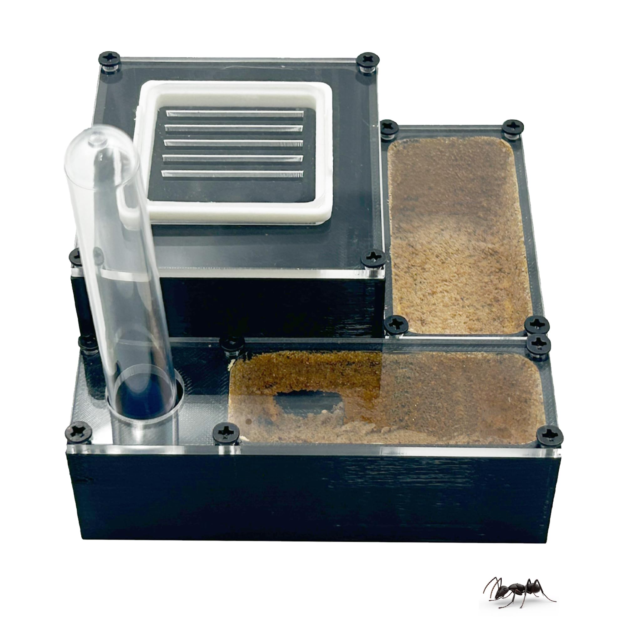 PioneerAnts Professional 3D Printed Ant Formicarium, White Acrylic, Small Enclosed Design with Multiple Chambers, Water Port, 8x4x1.5 Inches (Black)