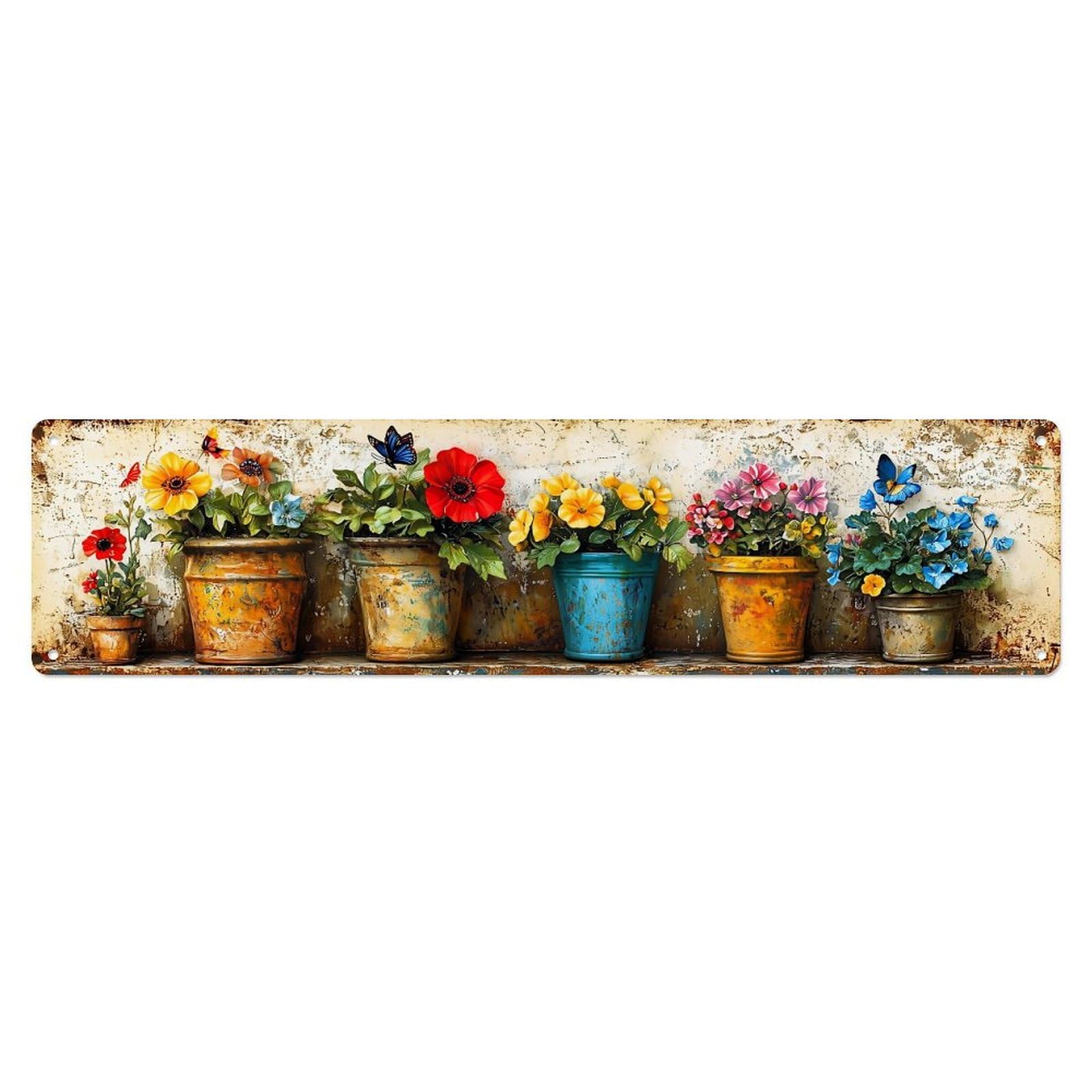 Colorful Flowers In Rustic Pots Metal Tin Sign Plaque