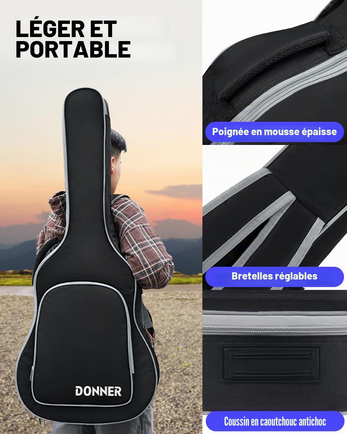 Donner Housse Guitare Acoustique de 40 41 Pouces, Rembourrage de 8 mm en Nylon Indéchirable 600D, Double Bretelles Réglables, Sac pour Guitare Acoustique 4/4 de Transport Souple