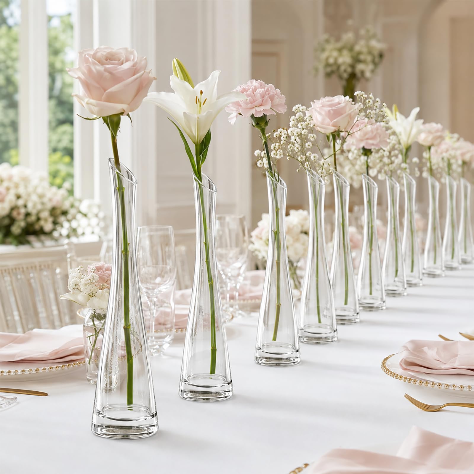 Lallisa Juego de 18 jarrones altos de cristal para centros de mesa, jarrón de rosas delgadas individuales a granel para flores, bodas, fiestas, eventos, decoración de mesa en casa y oficina (7.87