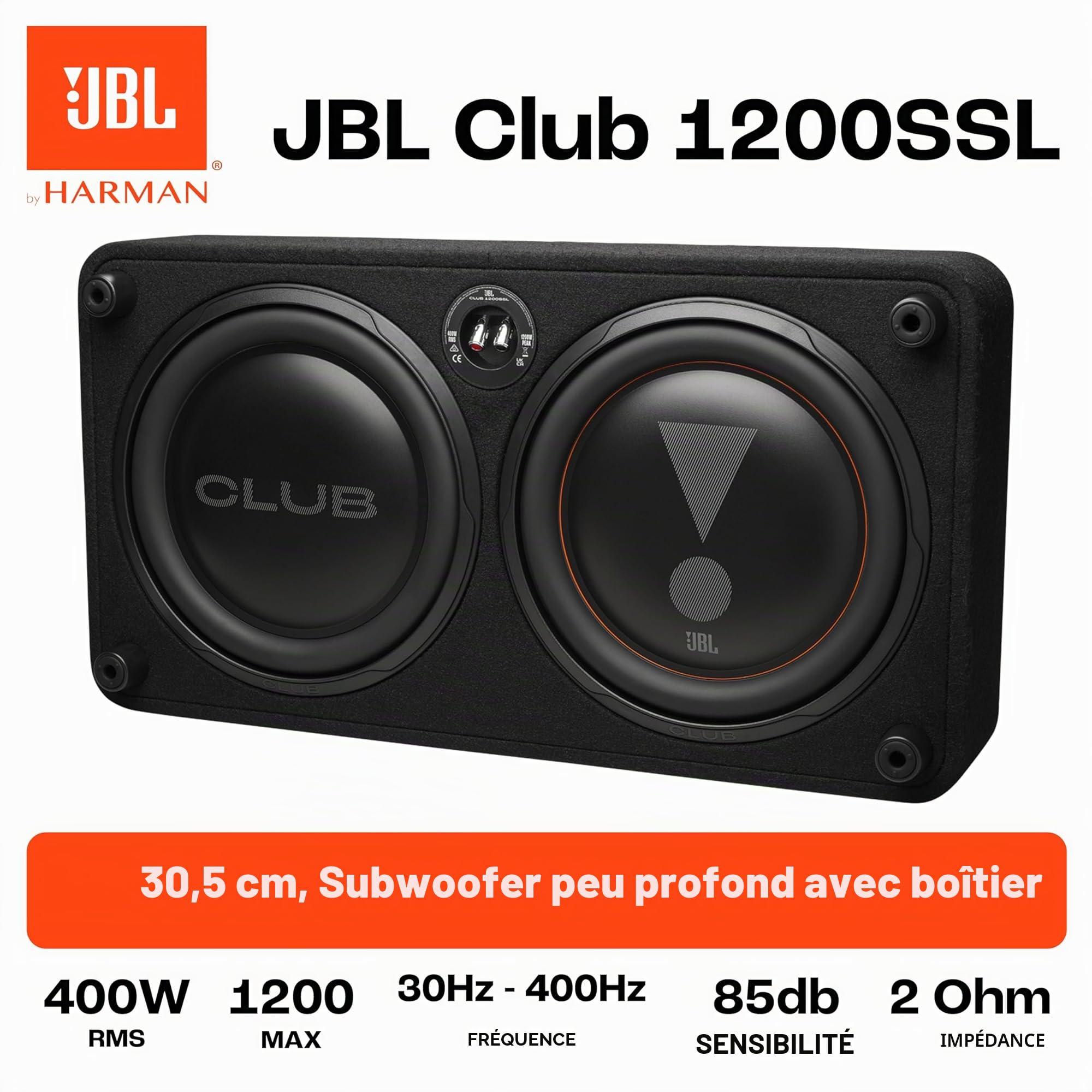 JBL Club 1200SSL Caisson de Basses Passif pour Voiture, 12", boîtier Plat fermé avec Membrane Passive, Robuste et Peu encombrant, Caisson de Basses Passif, 1200 W, avec Pilote en Aluminium pour des
