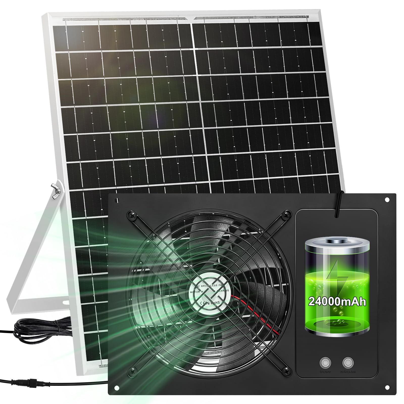 Photo 1 of Solar Powered Fan with 24000mAh Battery Run Day/Night, 25W 7.1" Solar Fan for Chicken Coop with 2 Fan Speed, Waterproof Solar Greenhouse Fan for Shed, Chicken Coop, Greenhouse, Dog House