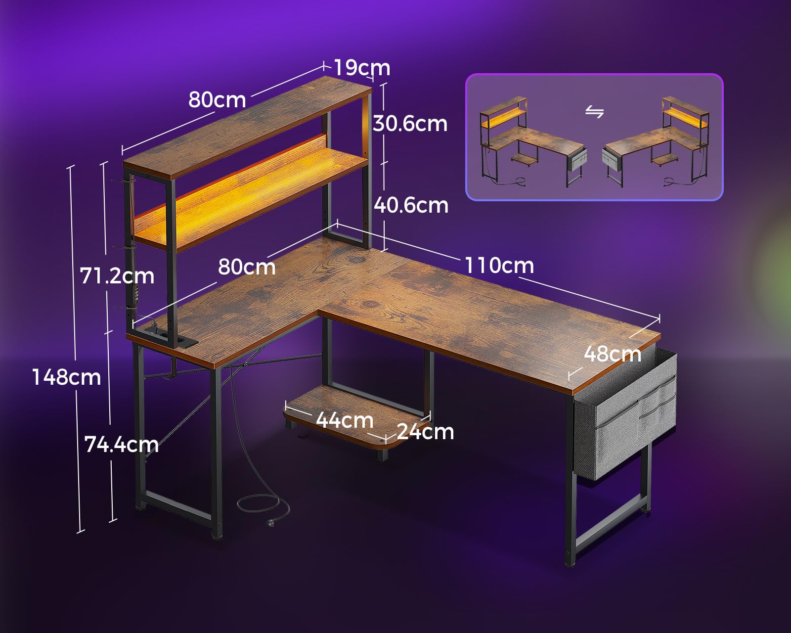 Coleshome Scrivania Gaming con LED e Prese, 110 × 80 cm Scrivania Gaming Angolare Reversibile con Scaffali Portaoggetti, Tavolo Angolare con Borsa Portaoggetti per Giocatori, Marrone Vintage