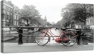 Large Canvas Wall Art red bicycle bridge Amsterdam Black white photo amsterdam Canvas Prints Framed Painting Modern Artwork Abstract Stretched Poster Home Decoration Unique Gift 30"x60"
