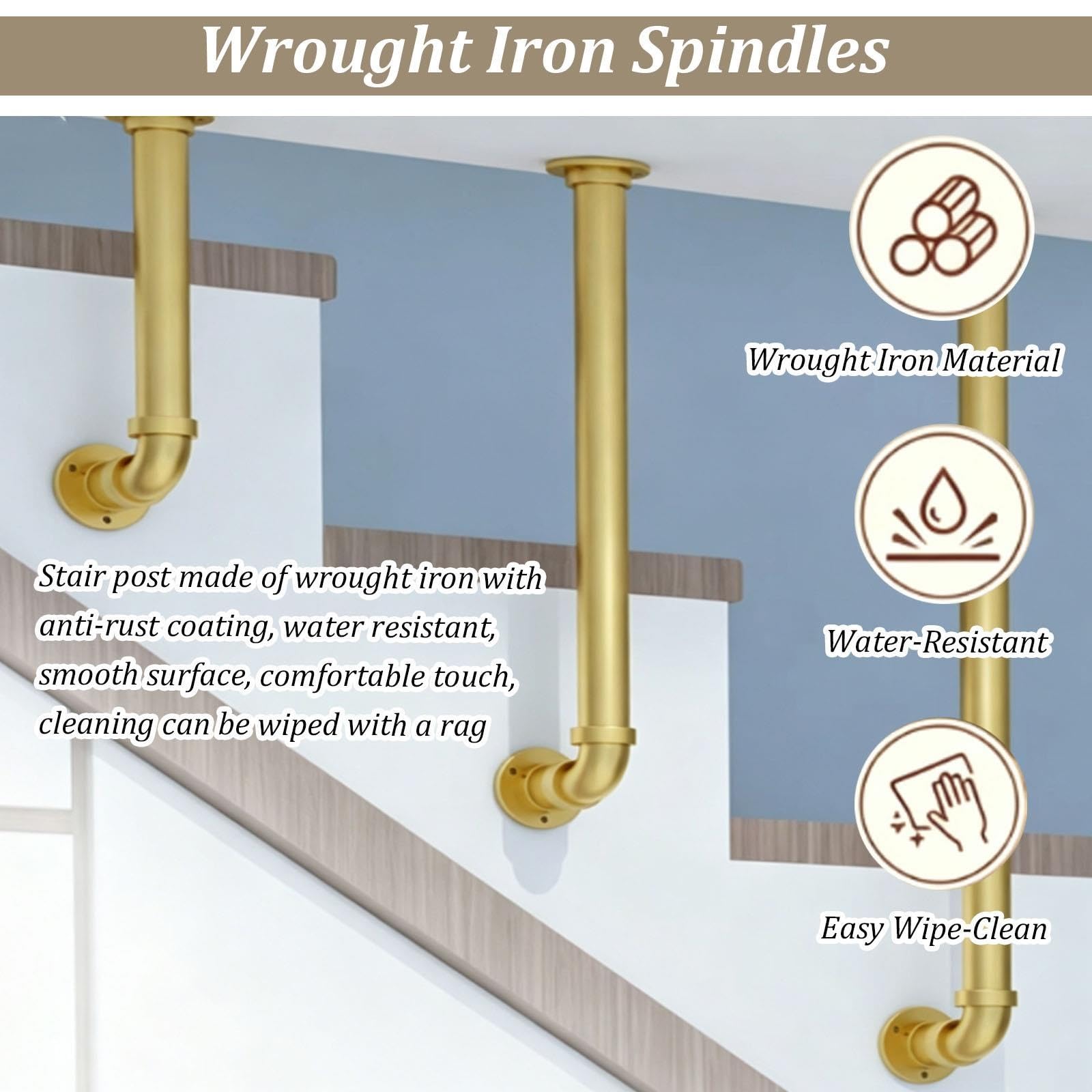 Gold Balusters for Staircase Interior, Round Spindles Stair Handrail