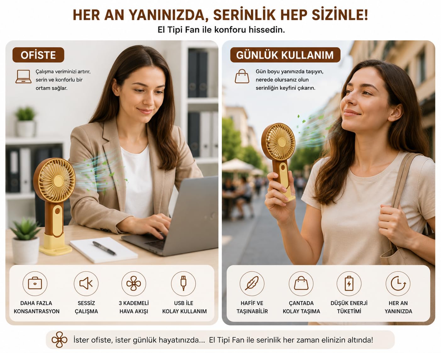 Mini El Fanı USB Şarjlı Type-C Bağlantılı 3 Kademeli Taşınabilir Elektrikli Fan Masaüstü ve El Tipi Kullanım Kahverengi Renk Serinletici Fan