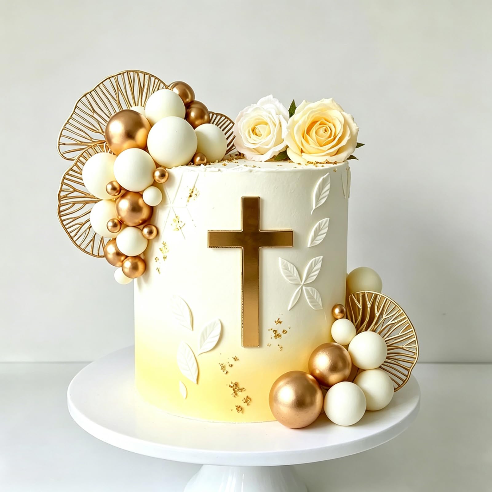 Gold Cross Cake Topper for Baptism, Gold White Balls Cake Decorations Rose Cake Toppers First Communion & Christening, Acrylic Mirror Decor - 3.94 Inch Holy Cross for Baby Shower, Wedding Cakes