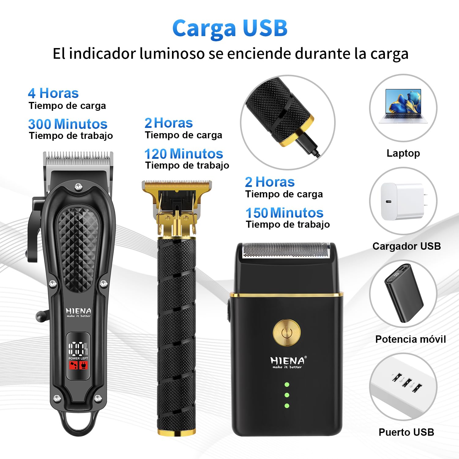 HIENA PRO Maquina de Cortar Pelo Inalámbrico Cortapelos Recortador de Barba Kit Completo 3 Piezas