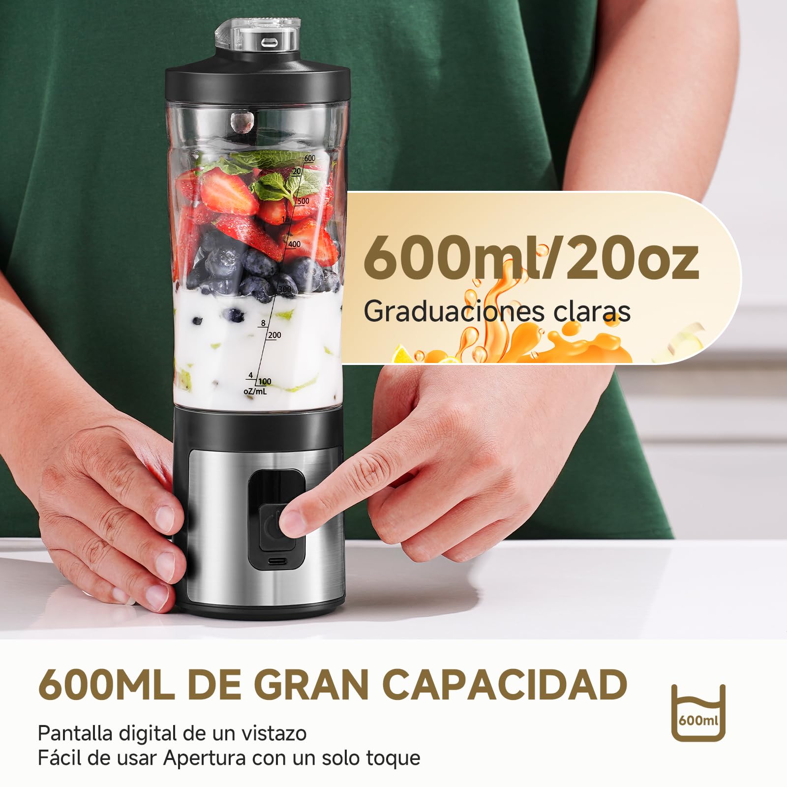 AMZCHEF Batidora portátil de 600 ml – Smoothie Maker con 6 cuchillas, motor de 120 W para llevar, carga rápida a través de USB-C, IPX6 resistente al agua, sin bisfenol A, mini batidora para batidos