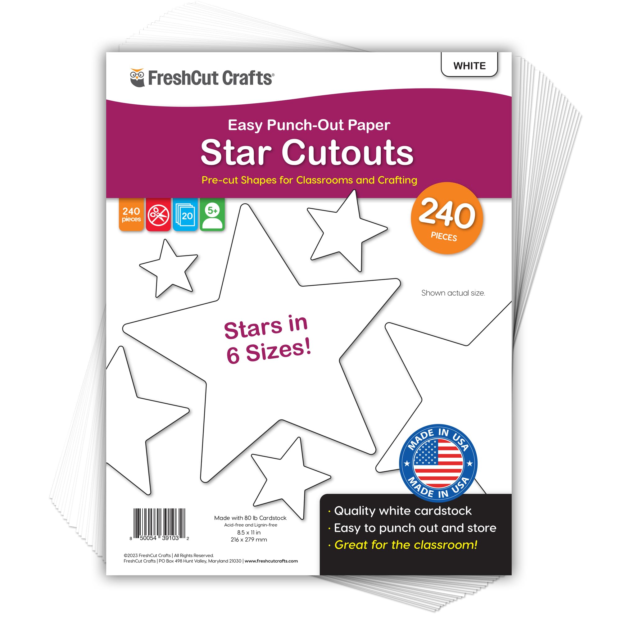 240 Pieces Star Cutouts, 2-Sided US Made Card Stock Punch Out White Stars for Bulletin Boards, Classroom Decor, DIY Craft Projects, Party Decoration