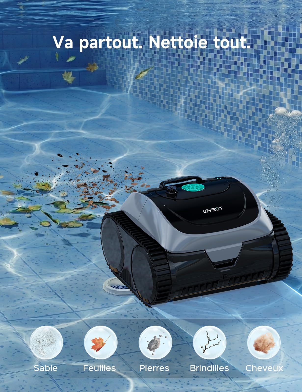 WYBOT C1-P robot piscine sans fil – Aspirateur 4-en-1 (robot piscine hors sol & enterrée) : robot piscine fond et parois, aspiration renforcée, 5 modes, navigation+APP, jusqu’à 155m² – Vert Acier Jade
