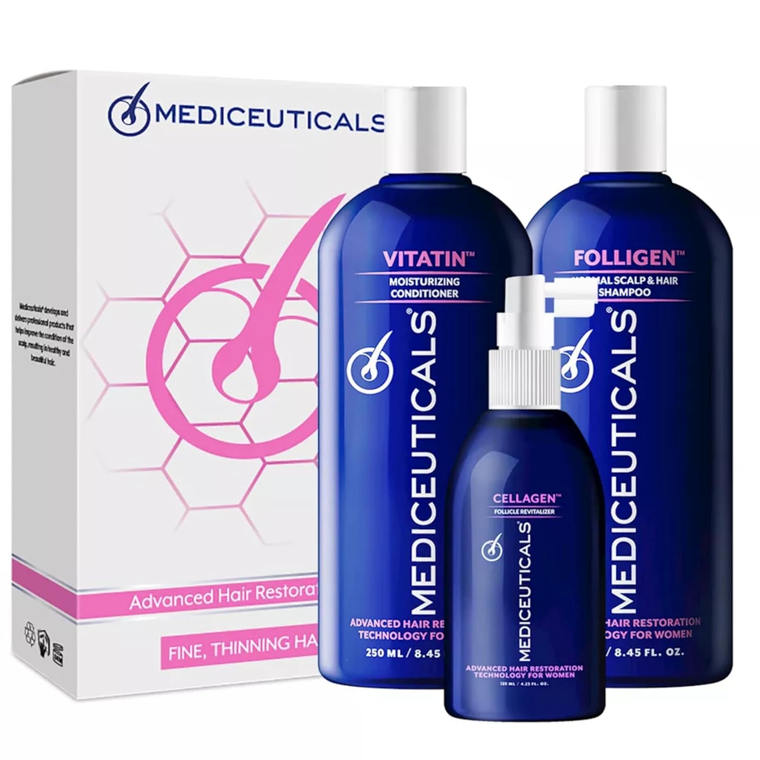 Mediceuticals Restoration Kit for Women with Fine Hair. Kit includes Cellagen, Folligen, and Vitatin