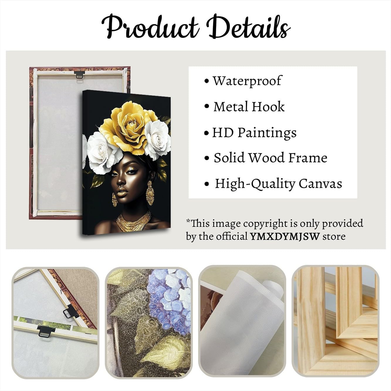 YMXDYMJSW African American Wall Art Black Woman with Yellow Rose Painting Abstract Black Girl Canvas Prints Fashion African Woman with Flower Painting for Bedroom (Black, (18L x 12W))