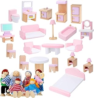 Wooden Dollhouse Furniture Doll House Furnishings with 8 Pieces Winning Doll Family Set, Dollhouse Accessories for Miniature Dollhouse, Family Figures Imaginative Play Toy (Pink Style)