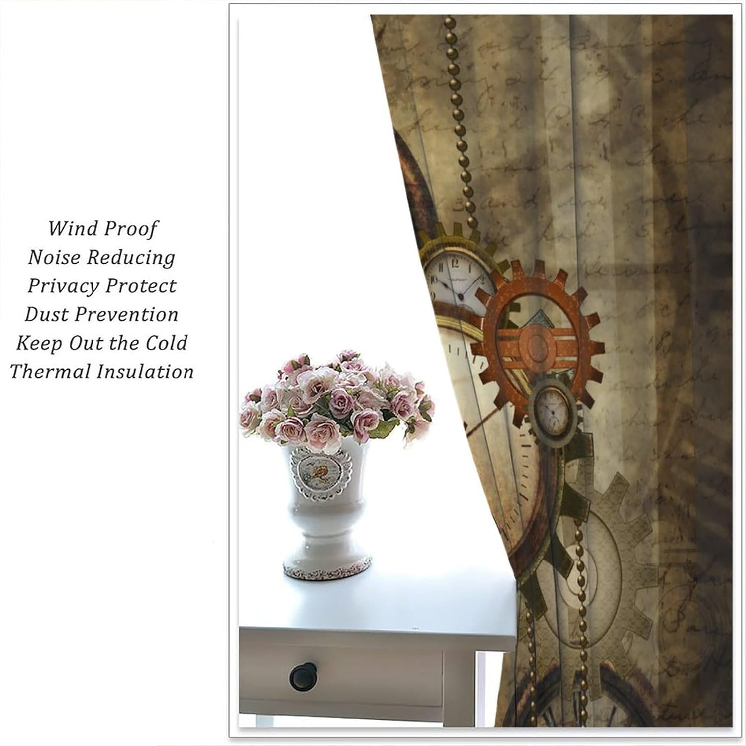 Retro Steampunk Curtains, Clocks Gears Pattern Blackout Window Treatments, Rod Pocket Thermal Insulated Drapes 2 Panel Sets for Bedroom Living Room Kitchen, 42" W X 45" L