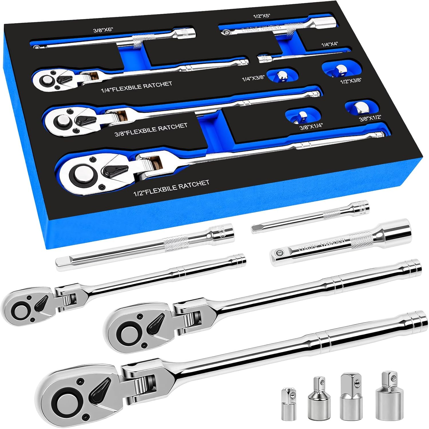 10-Piece Flex Head Ratchet Set, 1/4 3/8 1/2 Inch Drive, Swivel Head Ratchet Wrench with Extension Bars & 4 Adapters, 72-Tooth Quick-Release, EVA Storage Case for Auto & DIY Repairs