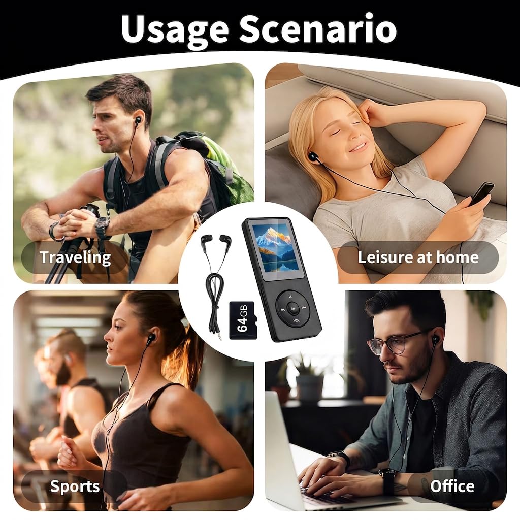 Lettore MP3 Bluetooth 5.3 64GB con Altoparlante, Autonomia 70H, Schermo 1,8”, MP4 Bluetooth Leggero, Lettore MP3 Bluetooth per Bambini Sport HiFi senza Perdita, Scheda TF 64GB
