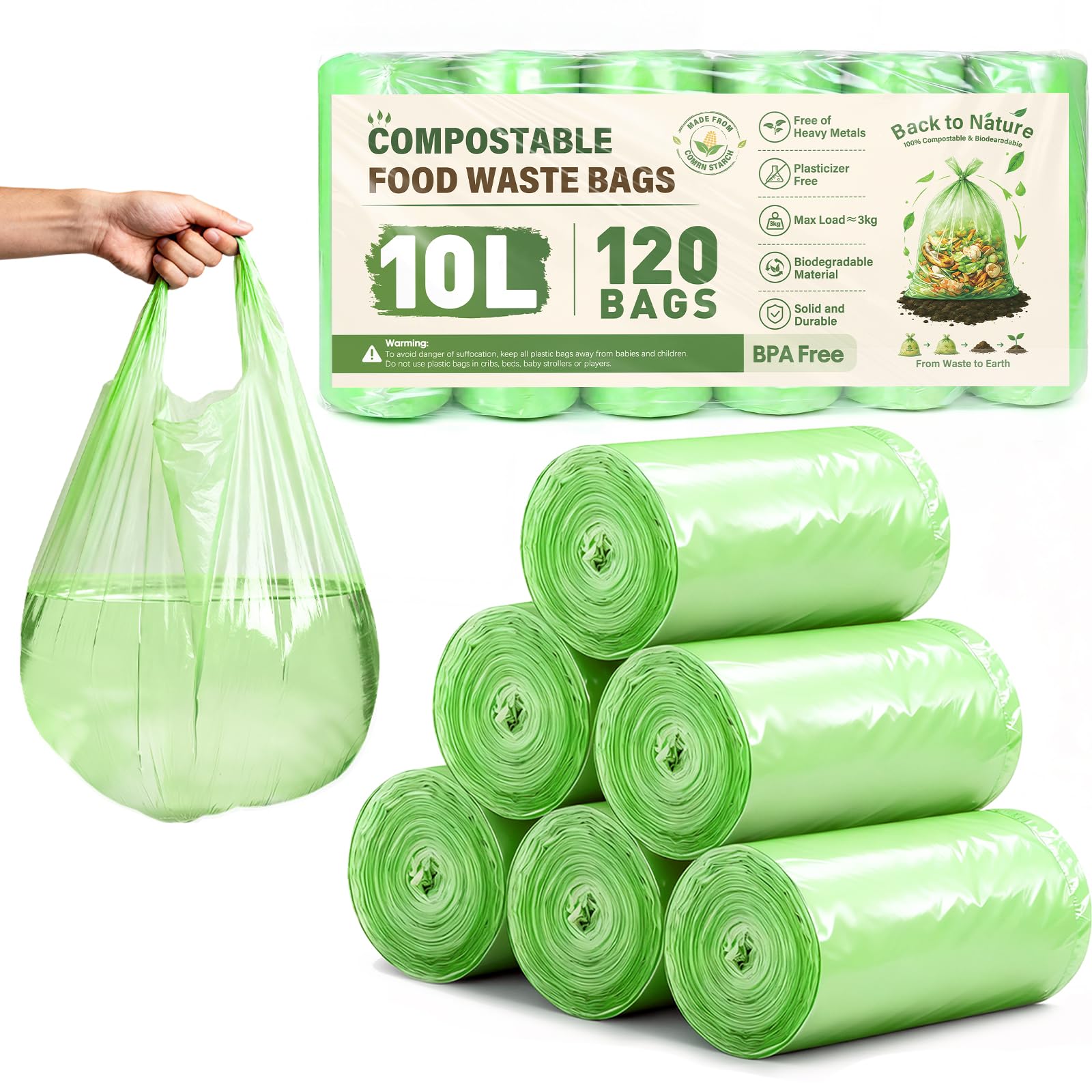 Xhda Green-10L 10L Compostable Food Waste Bags, 120 Pcs Biodegradable Bin Liners