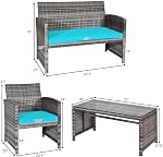 DORTALA 4 Ensemble de meubles de patio, ensemble de conversation en osier extérieur avec coussins souples & Table à café en verre trempé, Sets de bistro de patio de Rattan pour Balcon Courtyard, Turquoise