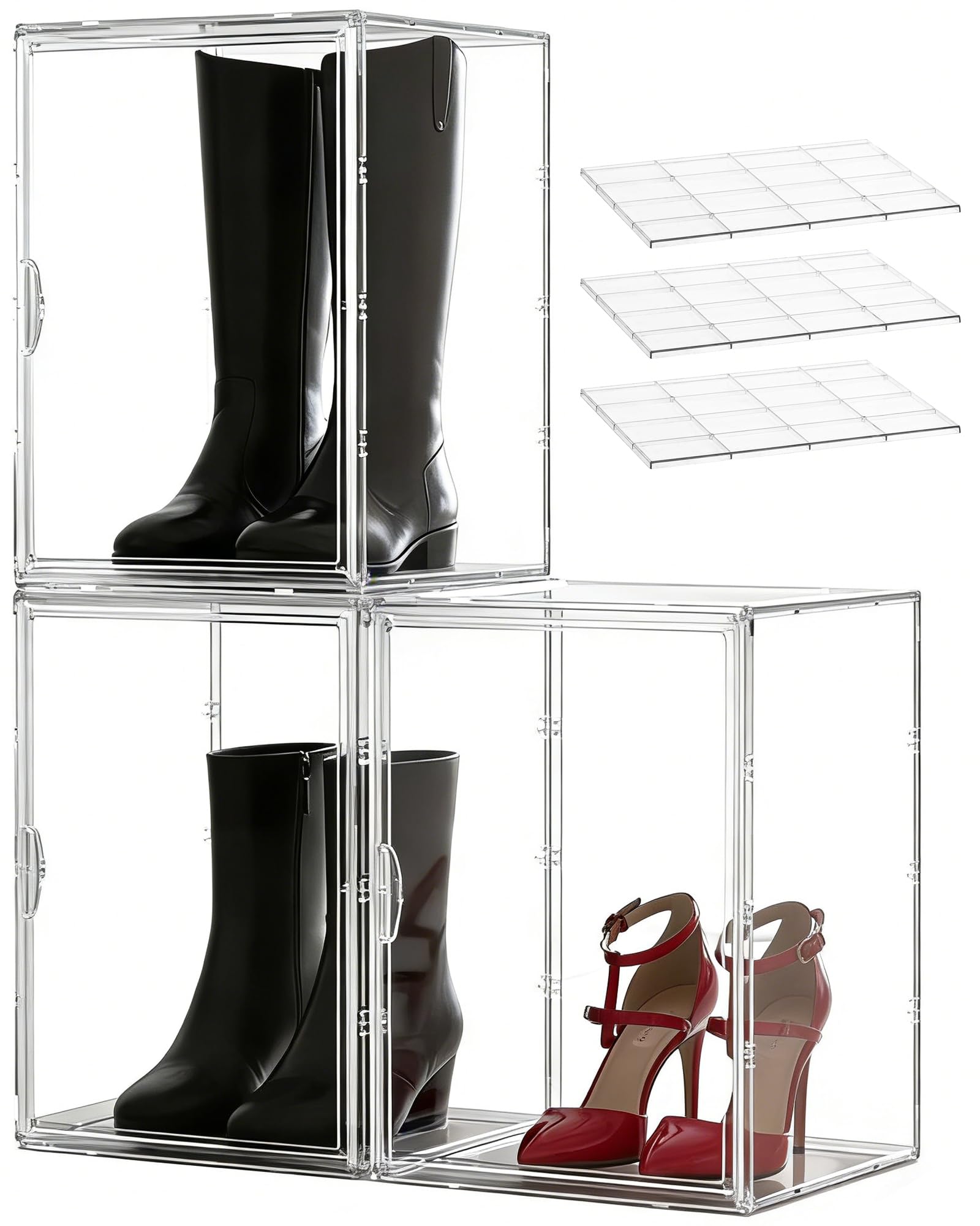 Photo 1 of XXX-Large Clear Stackable Acrylic Display with Lid & Magnetic Door - 2-Tier Adjustable Shoe Box Case 11.8'' X 9.8'' X 15.7''Organizer for Boot, Sneakers, Collectibles, Figures, Purses | 3-Pack