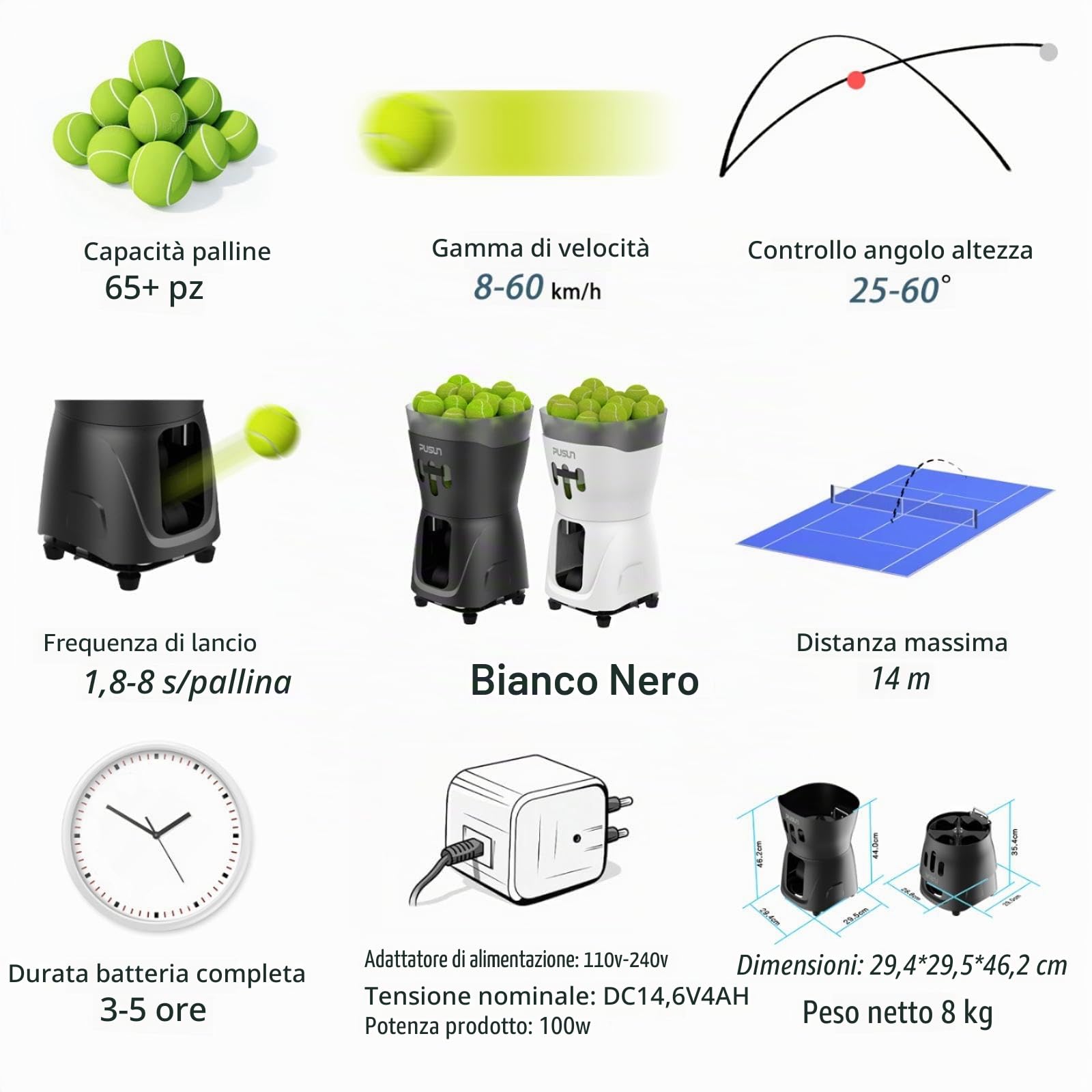 PT-Mini Pro - Macchina per palline da tennis con velocità e angolazione regolabili, struttura resistente, alta capacità, telecomandata, strumento di allenamento premium per giocatori di tutti i