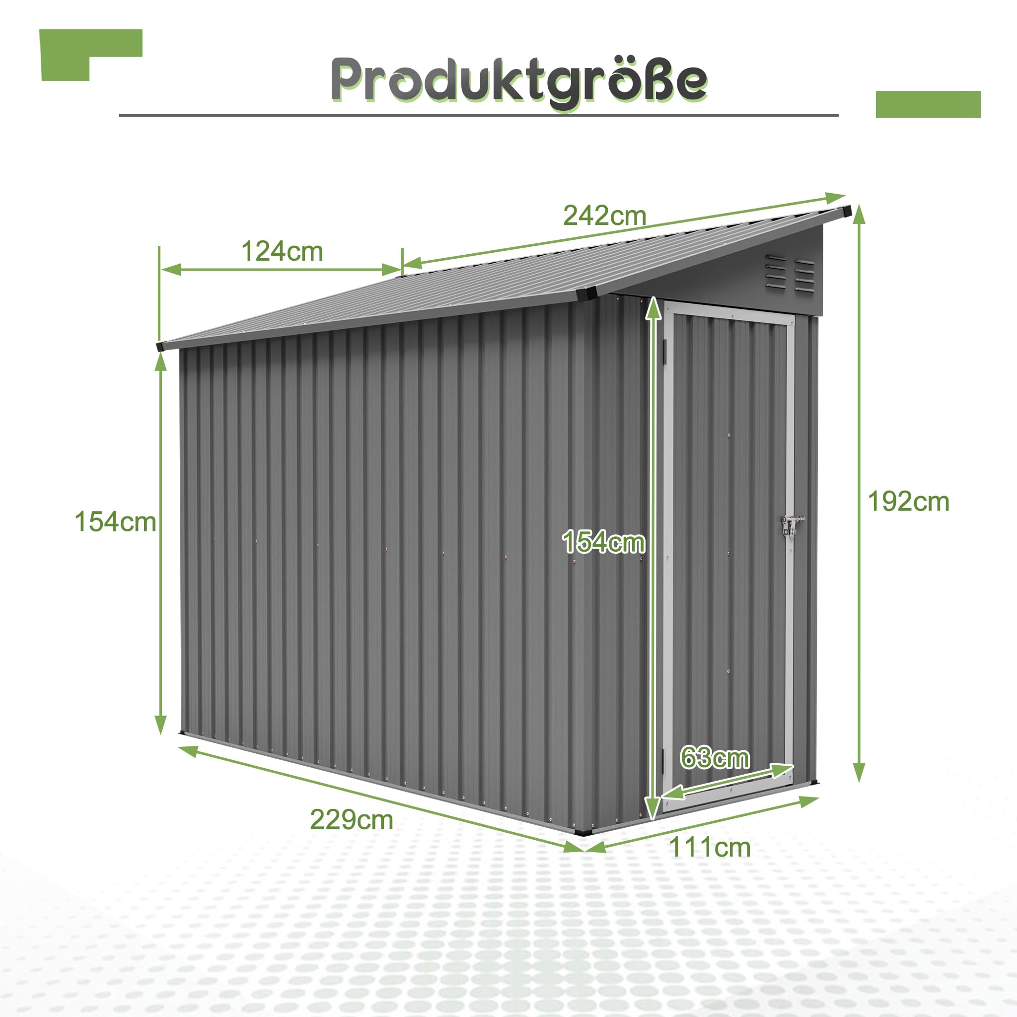 Mrwoo Metall-Gartenschuppen 242 x 124 x 192 cm, Anbau-Schuppen mit abschließbarer Tür und 2 Lüftungsöffnungen, Fahrradgarage mit Pultdach, Werkzeugaufbewahrung für Hinterhof & Terrasse, Grau