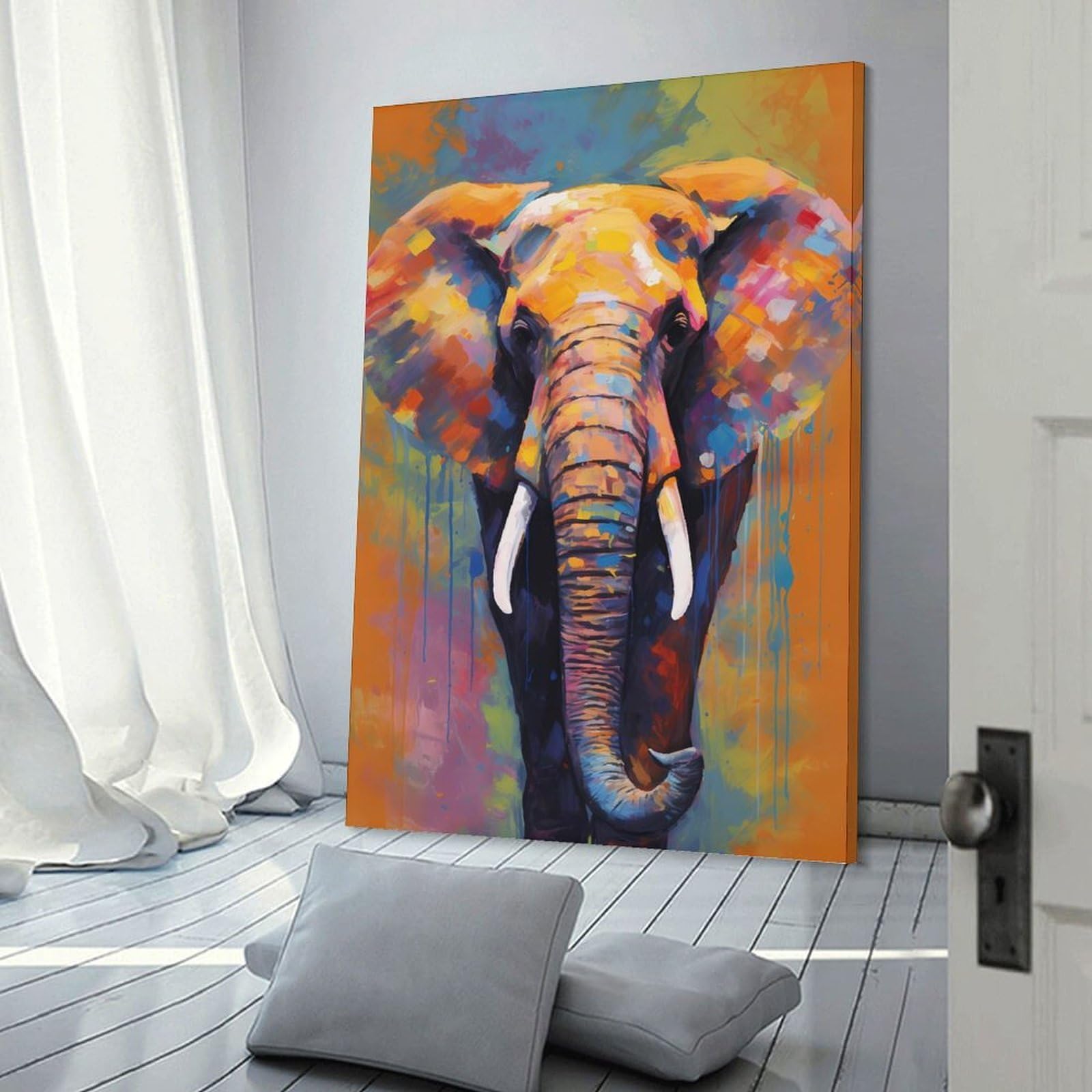 Junmoney Elephant Abstract Wall Art Print, 24x36inch(60x90cm), for Entryway, Lounge Links Or Small Walls, Decorative Wall Art for Narrow Spaces