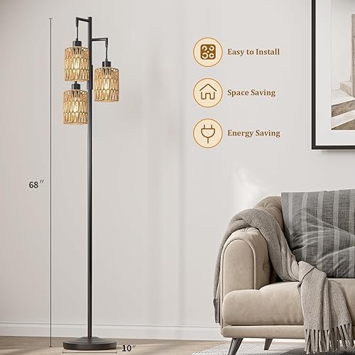 Miniatura 3 de Oneach Lámparas de pie de 68 pulgadas para sala de estar, lámpara de pie bohemia regulable con 3 bombillas, lámpara de árbol de esquina industrial