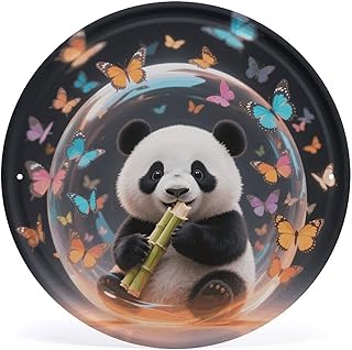 Circular Iron Wall Art - Orange Bubble Windmill Panda Vintage Metal Tin Sign with Pre-Drilled Holes, Retro Round Print Decor for Home Decor, Bar, Living Room, Bathroom Wall Hanging Decorations