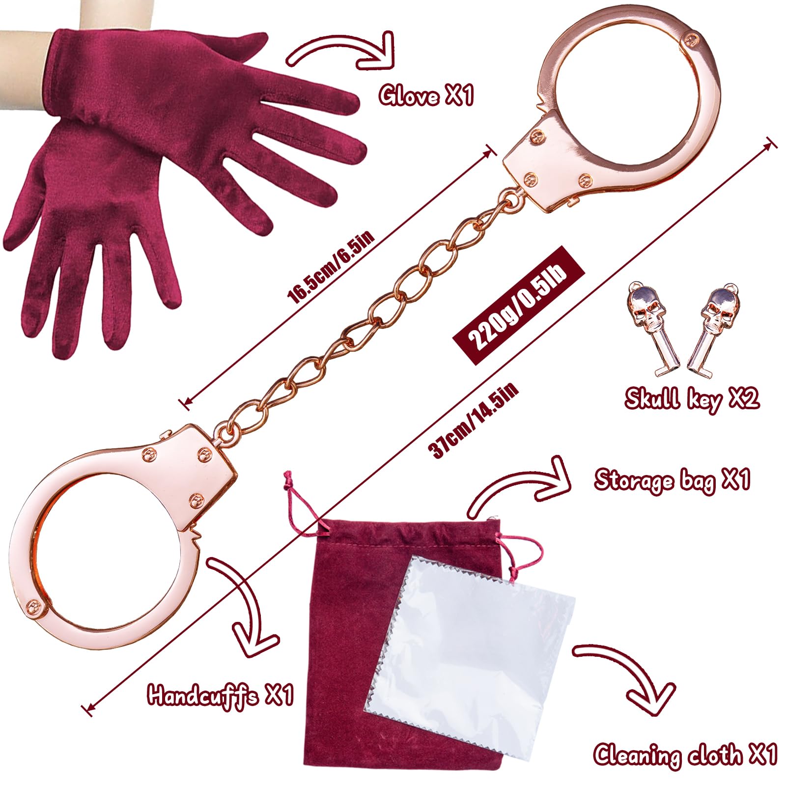 JOGDRC Handcuffs Metal with Keys – Realistic Police Style Costume Prop for Halloween, Stage Use, Law Enforcement Training, or Display(Rose Gold)