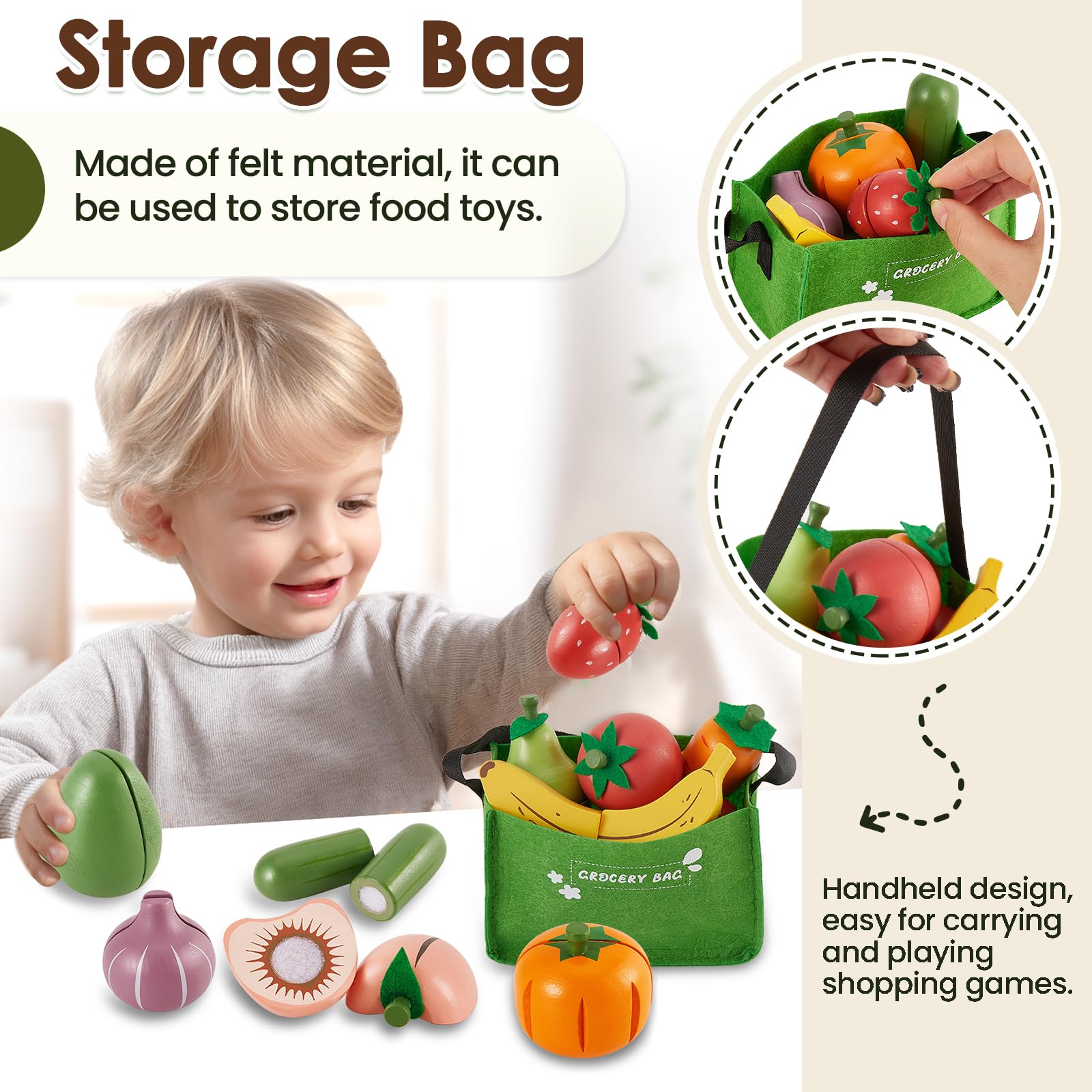 BUYGER Frutas y Verduras Juguete para Cortar, Comida Juguete Cocinita con Mostrador, Alimentos Juguete de Madera para Cocina, Montessori Educativo Regalo Navidad para Niños 2 3 4 5 Años
