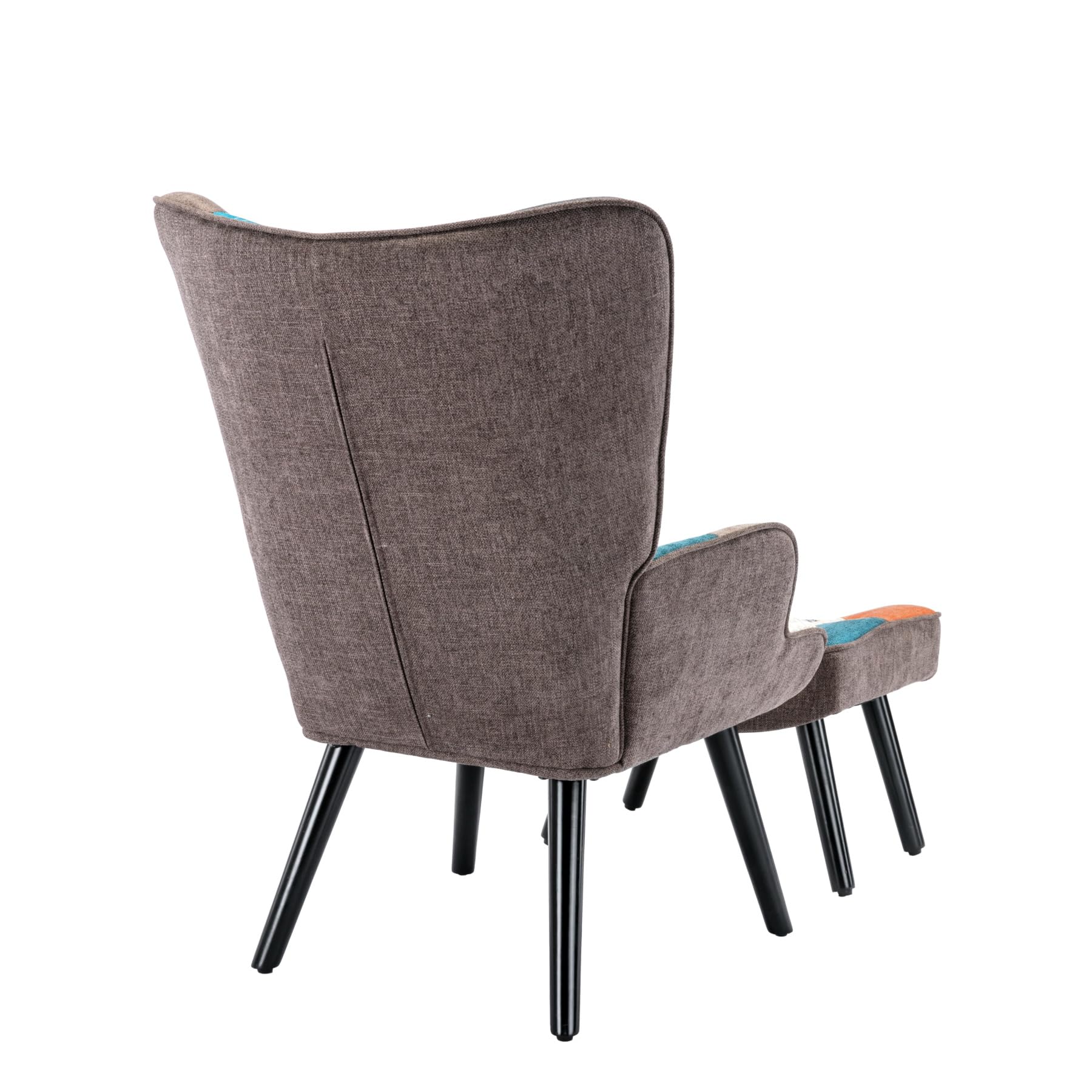 Relaxsessel mit Hocker&Lendenkissen, Patchwork Ohrensessel Orange, Leinen Loungesessel Massivholzfüße, Moderner Sessel für Wohnzimmer Schlafzimmer, Frühjahrsangebot Frühjahrsdekoration