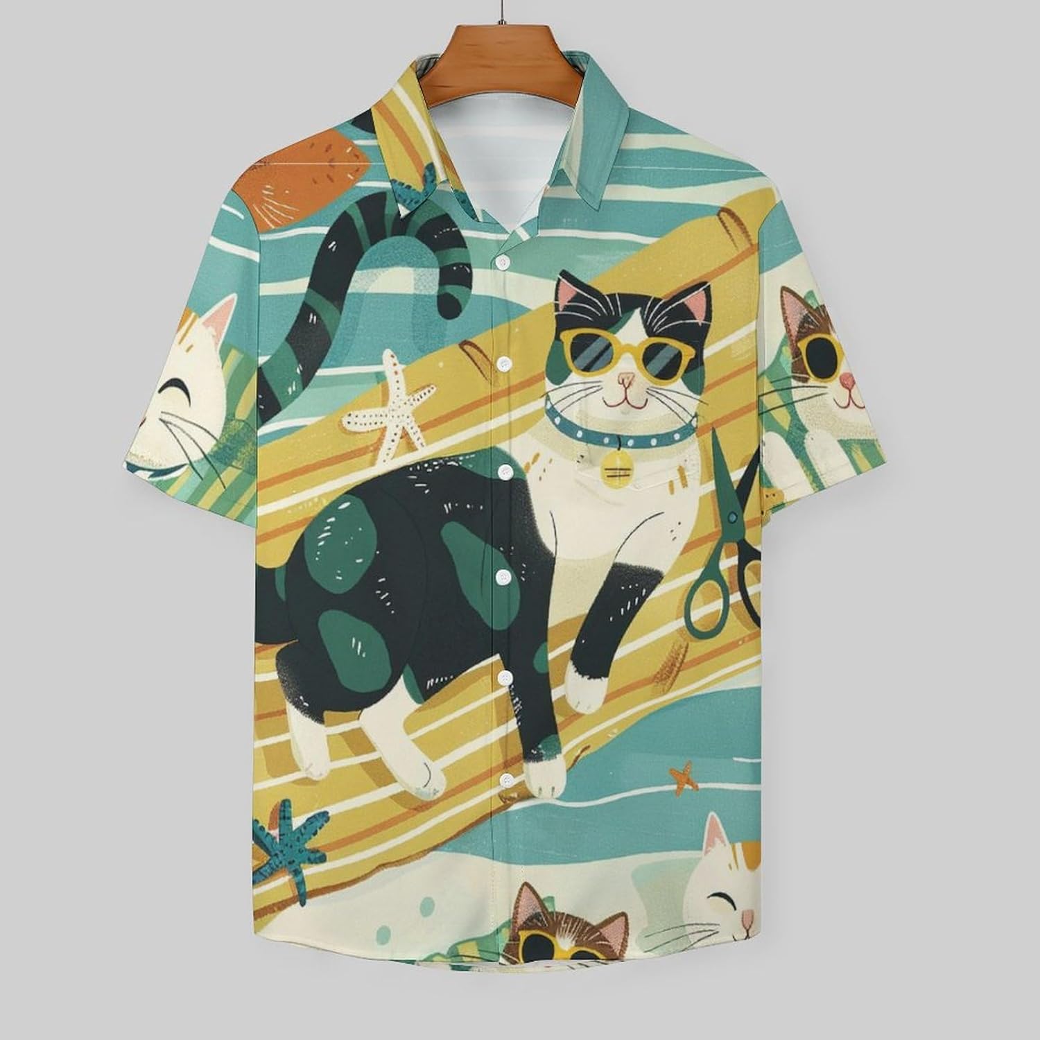 Cute Cat Mens Hawaiian Shirts Funny Cat Print Short Sleeve Aloha Beach Shirt Summer Button Down Shirt - Image 3