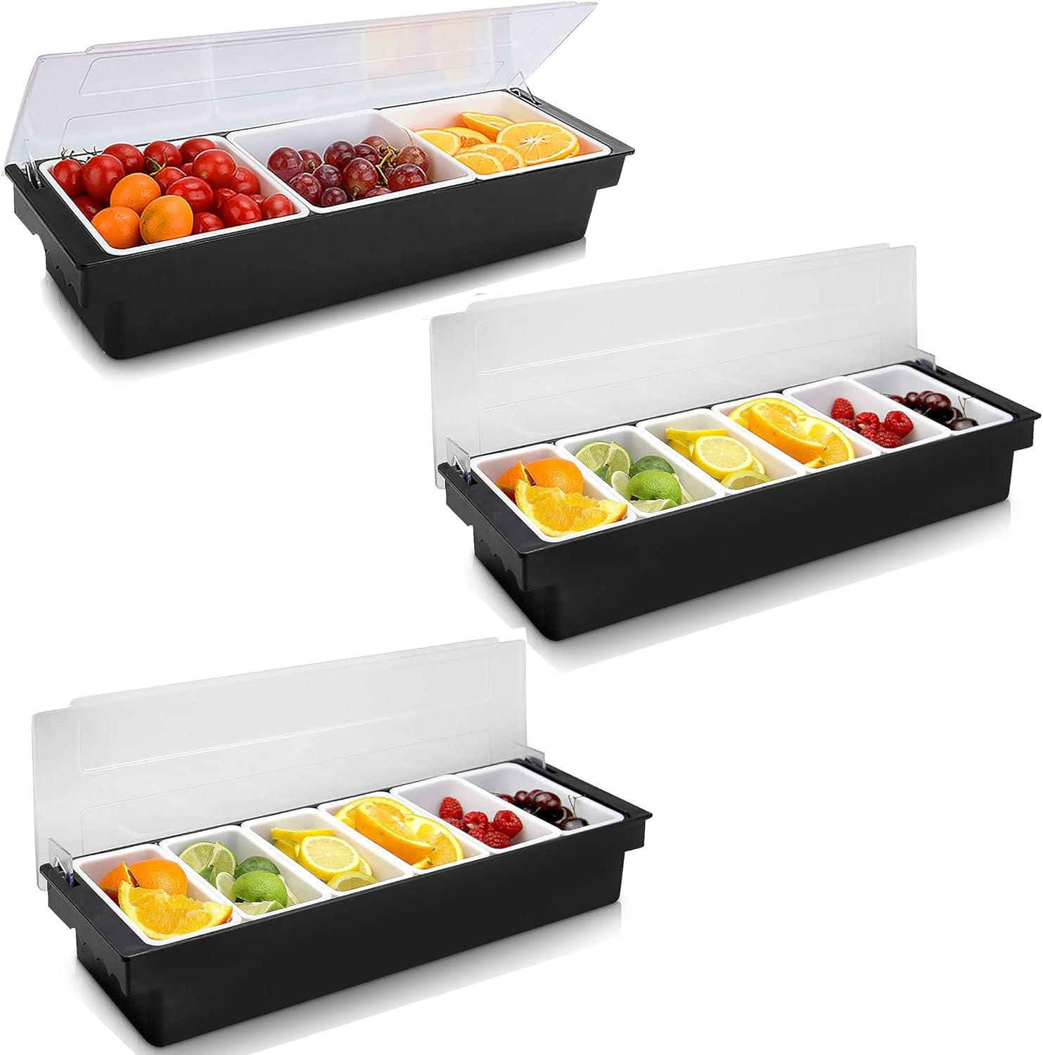 WICHEMI Fruit, Veggie & Condiment Caddy with Lid Dispenser Tray Plastic Garnish Station for Bartending & Serving Taco, Ice Cream, Salad Bar (3 Pack, 6 Compartment x2, 3 Compartment x1)