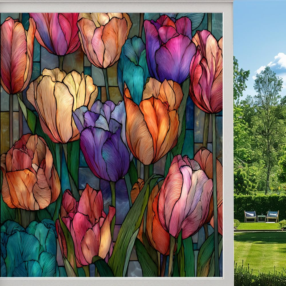 Colorful Tulips Stained Glass Window Film, Vintage Floral Plants Peel and Stick Privacy Film, Frosted Adhesive Vinyl Decorative for Bathroom Windows Glass Doors, （45x100cm）