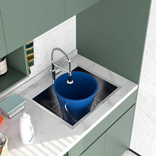 Vista 251 de Logmey Fregadero de cocina negro de 33 x 22 pulgadas, estación de trabajo SUS304, calibre 16, acero inoxidable, cuenco individual, montaje superior
