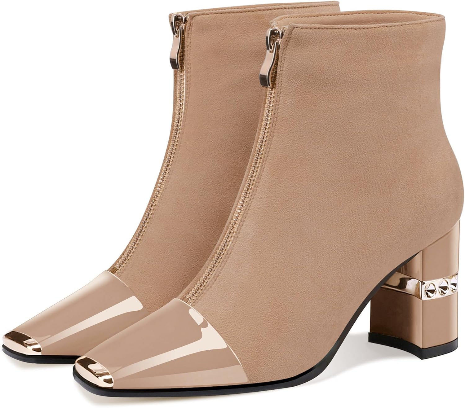 XINIUNIU Women's Ankle Boots Block Chunky Heels Booties Metal Square Toe Suede Front Zipper 3 Inch Short Boot Dress - Image 3