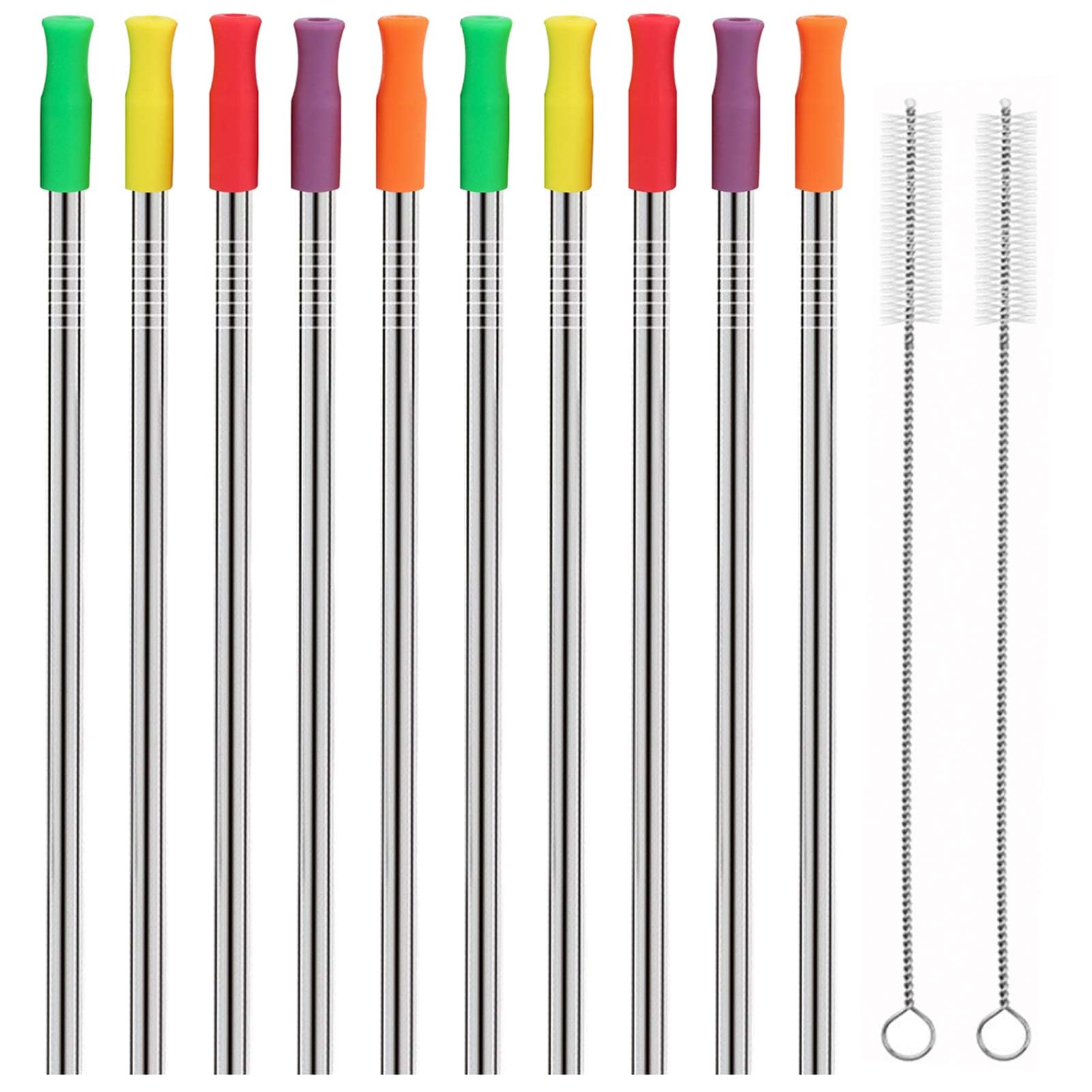 Stainless Steel Metal Straws with Silicone Tips Set of 10 Straight Reusable Drinking Straws for 20oz 30oz Tumblers (10.5'' L 0.24''Dia Staw + 2 Brushes)